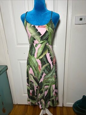 Farm Rio Pink Palm Ribbed Banana Leaf Midi Dress Women’s Small